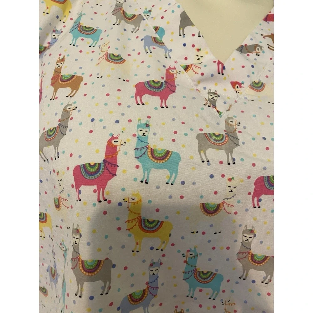 Colorful Party Llamas Scrub Top Women's Medium Tasha And Me Brand - Picture 3 of 10